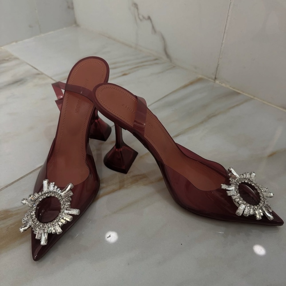 Amina Muaddi Tan Slingback Heels with Crystal Embellishment - Picture 2 of 3